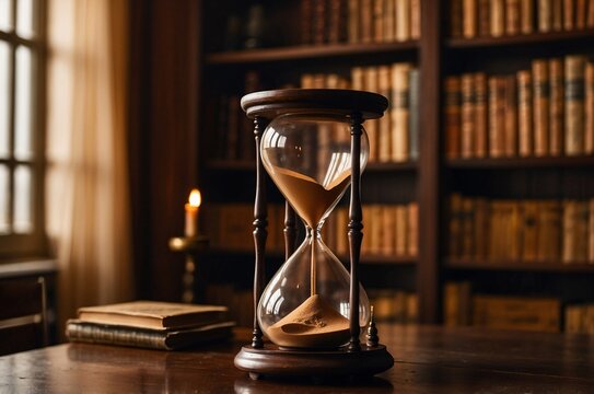 Golden Sand Hourglass,  Passing of time, Mahogany Desk, Antique Study Room, Nostalgic Atmosphere, Bookshelves, Classic Furniture, Close-Up Photography