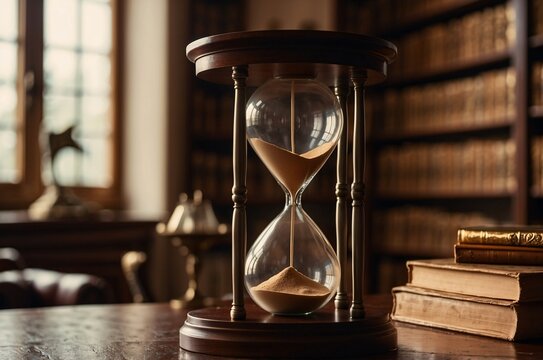 Golden Sand Hourglass, Passing of time, Mahogany Desk, Antique Study Room, Nostalgic Atmosphere, Bookshelves, Classic Furniture, Close-Up Photography