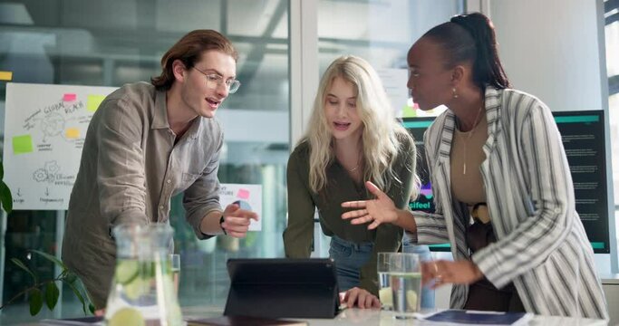Business people, meeting and brainstorming with tablet for research, project or discussion in collaboration at office. Group of employees or team talking on technology for planning, ideas or tasks