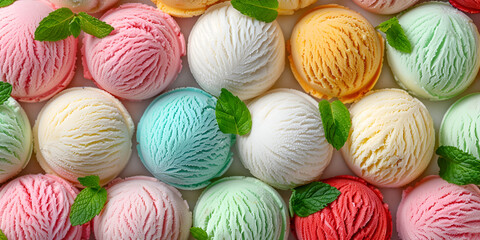  a flat lay of various ice cream scoops in different colors arranged in a circle. They are scattered across the image and some are topped with mint leaves.