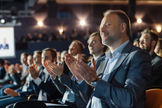 businessman hand clap in theater while watch the show or conference, business and meeting concept