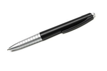 A black and silver coloured ball pen  isolated in white background