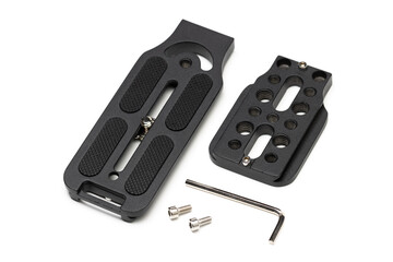 Disassembled DSLR mirrorless camera L bracket. Also known as L plate.  Selective focus