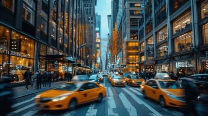 A bustling city street, with a stock photo of a storefront in the foreground.