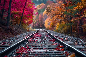 A scenic train journey through a vibrant autumn forest with colorful leaves lining the tracks - Powered by Adobe