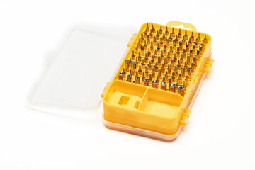 Naklejka premium 98 pieces screwdriver bits. Parts of precision tool kit. Isolated in white background.