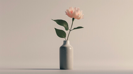 Fototapeta premium Single pink flower in a ceramic vase on a minimalistic background