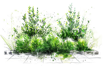 Green bush sketch architectural drawing in style of watercolor elements design, isolated on white background, png