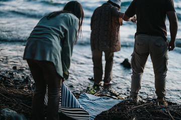 Friends prepare for a lakeside picnic at dusk, arranging a blanket amid natural surroundings for an evening gathering.
