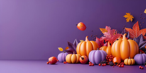  a purple background with a row of orange pumpkins. There are also flying autumn leaves and fruit in the foreground.