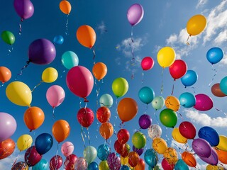 Bunch of colorful balloons dotting a bright blue sky, perfect for a festive celebration