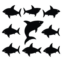 Set of Bull Shark animal black silhouettes vector on white background