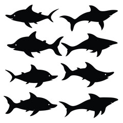Set of Bull Shark animal black silhouettes vector on white background