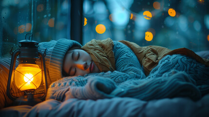 Obraz premium person sleeping On the bed by the bay window