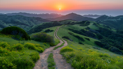 Fototapeta premium A vibrant nature hill landscape with a winding path leading up to the summit, the rolling hills creating a picturesque scene