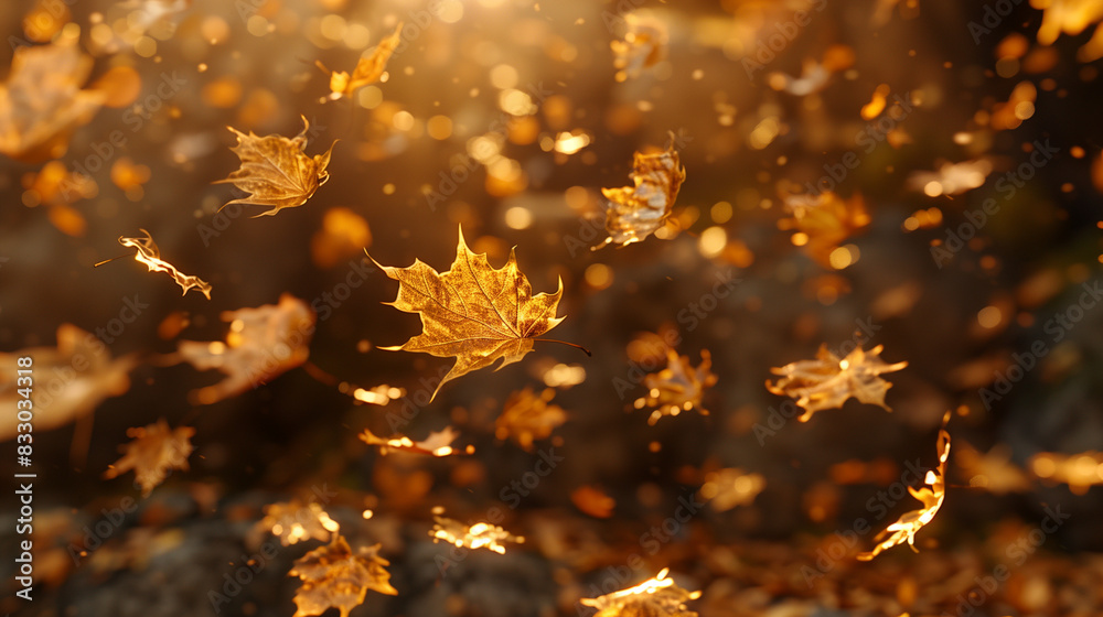 Canvas Prints Background of falling golden leaves in the woods at sunset in autumn