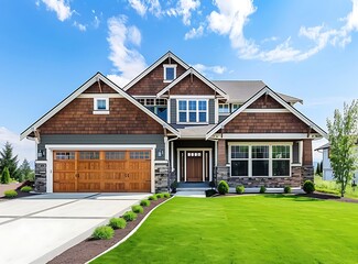 Beautiful new house with front yard and garage in the suburbs of Washington state