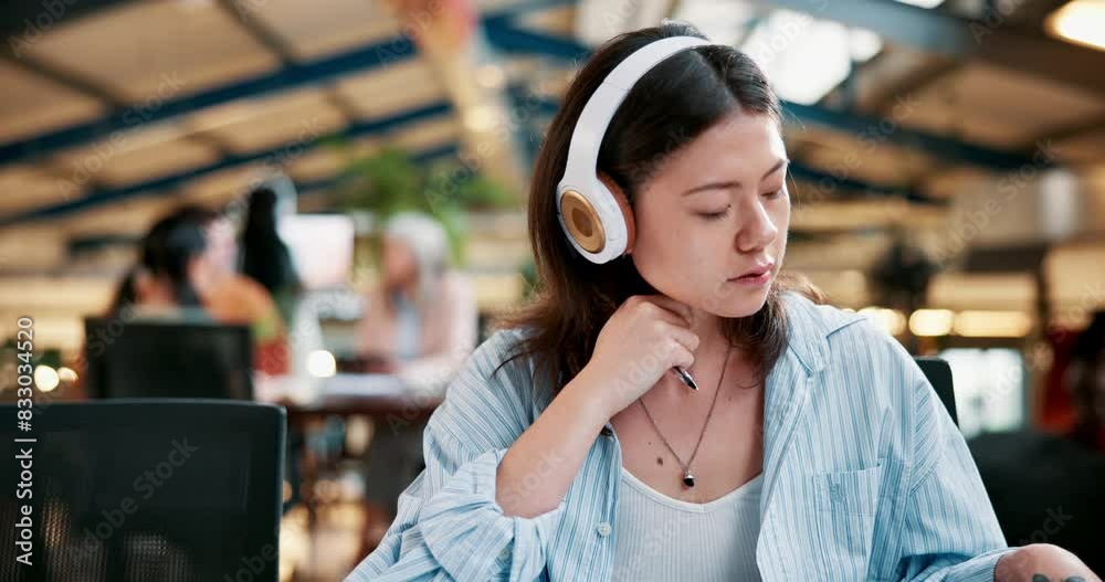 Poster girl, headphones and student with books at college, study and research for assignment or essay. woma