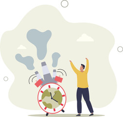 planet earth or globe with world map as alarm clock with pollution smoke industry on top.flat vector illustration.