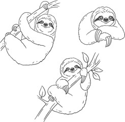 set of sloth vector, isolated outline drawing