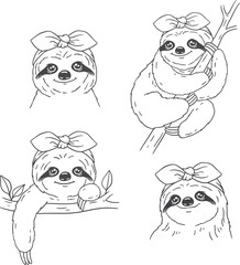 Obraz premium set of sloth with headband vector, isolated outline drawing.
