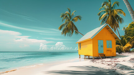 Obraz premium A yellow house on the beach with palm trees and a blue sky in shades of white sand