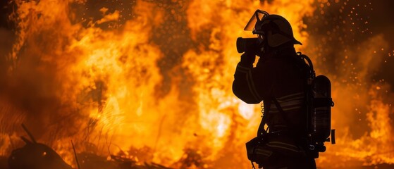 Naklejka premium Firefighter taking pictures of fire.