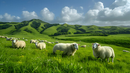Fototapeta premium A vibrant nature hill landscape with a flock of sheep grazing peacefully, the sky clear and blue