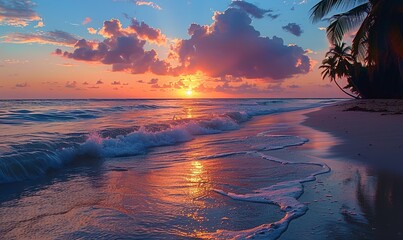 Printable wall decor painting A tranquil beach scene at sunset features gentle waves and silhouetted palm trees against a colorful sky. The soothing image brings a touch of paradise indoors.