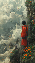 Fototapeta premium The boy in red is looking down from the mountain