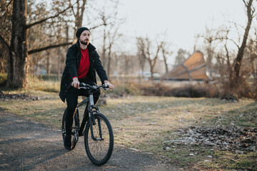 Fototapeta premium A man in casual attire rides his bicycle through a lush park, enjoying the freedom and relaxation of a quiet afternoon outdoors.