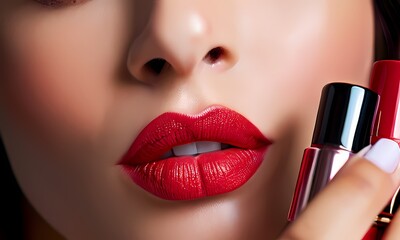 Naklejka premium Close up of a persons face cropped to showcase a collection of lipstick, Ai Generated