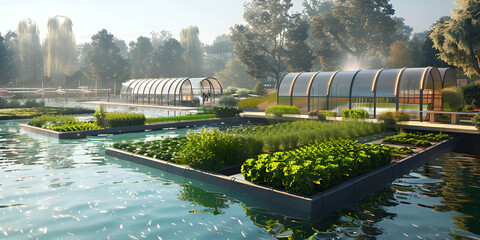 "Sustainable Aquaponics Farm with Advanced Greenhouses" / "Eco-Friendly Agriculture Integrating Water and Plant Systems"