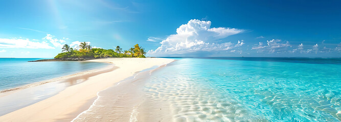 A tropical island sand spit stretching into the distance. Beautiful sunny with white sand beaches.