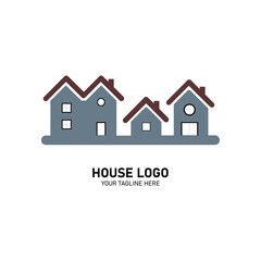 Vector illustration of a mansion icon logo. Hotel, real estate, residential, motel, villa, residence house in european style. 
With round and square windows. Equipped with single door and garage door 