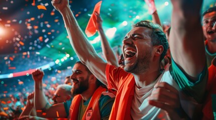 group of people in orange shirts happy at football stadium with flags