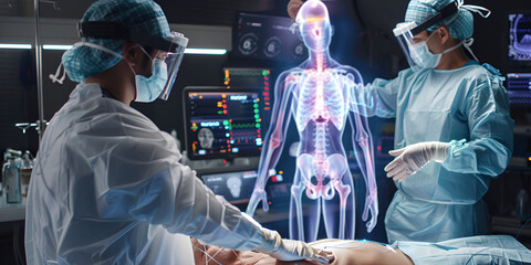 Surgeons Using Holographic Display for Complex Procedure" / "Medical Team Operating with Augmented Reality Technology"
