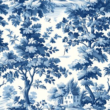 traditional french toile with trees and homestead cottage seamless pattern