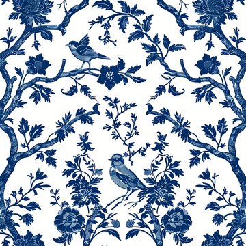 dark blue birds seamless pattern french toile