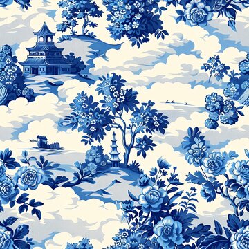 blue and white french toile seamless pattern with flowers and towers