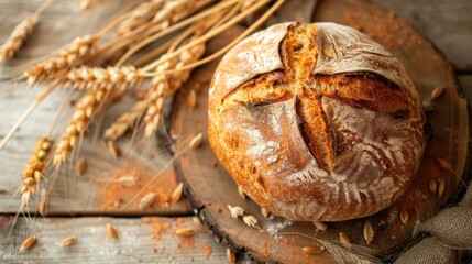 Fototapeta premium Freshly baked bread displayed on a wooden surface alongside wheat stalks