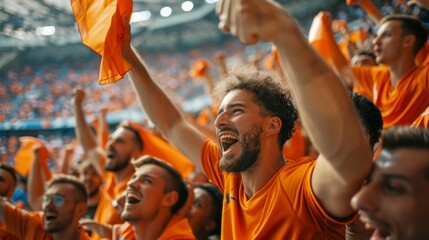 group of people in orange shirts in a stadium with orange flags and happy