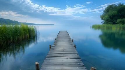 Fototapeta premium A vibrant nature lagoon landscape with a wooden boardwalk extending over the water, the calm surface reflecting the sky