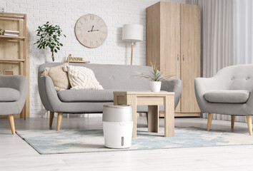 Interior of living room with sofa, armchairs and air humidifier