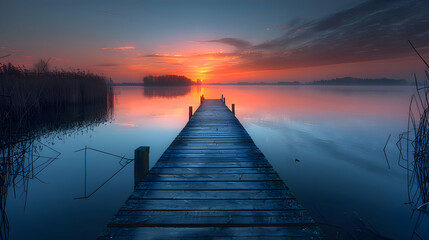 Fototapeta premium A vibrant nature lake landscape with a wooden pier extending into the water, the calm surface reflecting the sky