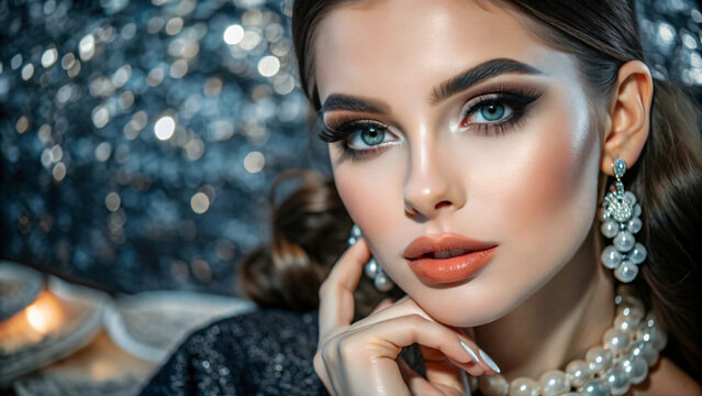 A glamorous studio portrait of a brunette model with long hair and dramatic makeup