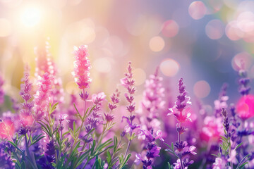 Flowers, lavander, rose beautiful Natural floral background feminine banner Sunny summer with sunlight and bokeh colourful purple, violet and pink colors copy space greeting card poster 


