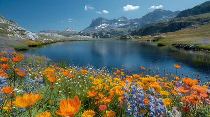A vibrant nature lake scene with wildflowers in the foreground and mountains in the background