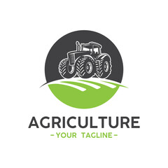 Fototapeta premium Tractor farming logo vehicle heavy equipment silhouette, farm land, agriculture logo design with creative idea