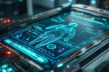 Futuristic digital interface displaying a human body on a medical scanning device in a high-tech laboratory environment.
